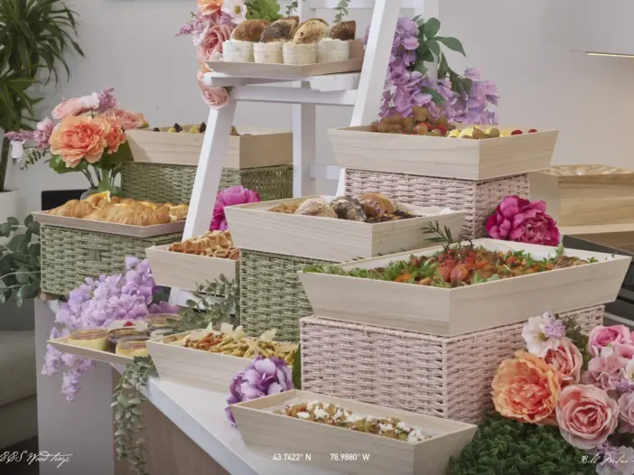 Wood trays tablescape, catering system how-to